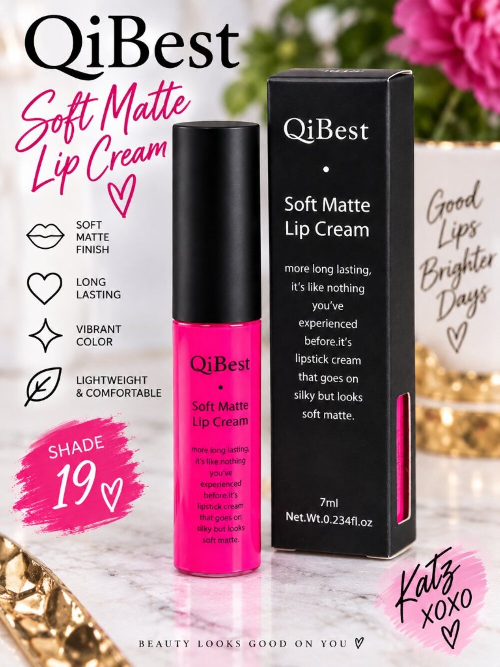 QiBest Soft Matte Lip Cream Shade 19 Hot Pink Fuchsia Liquid Lipstick NIB 7ml